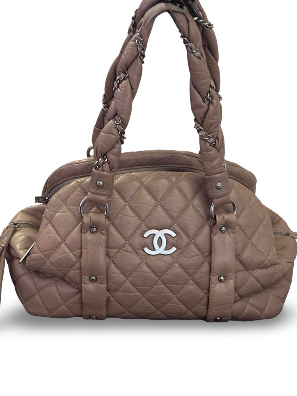 Chanel Lady Braid Bowler Bag  Distressed Lambskin Taupe Quilted Satchel 13”